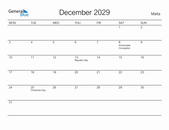 Printable December 2029 Calendar for Malta
