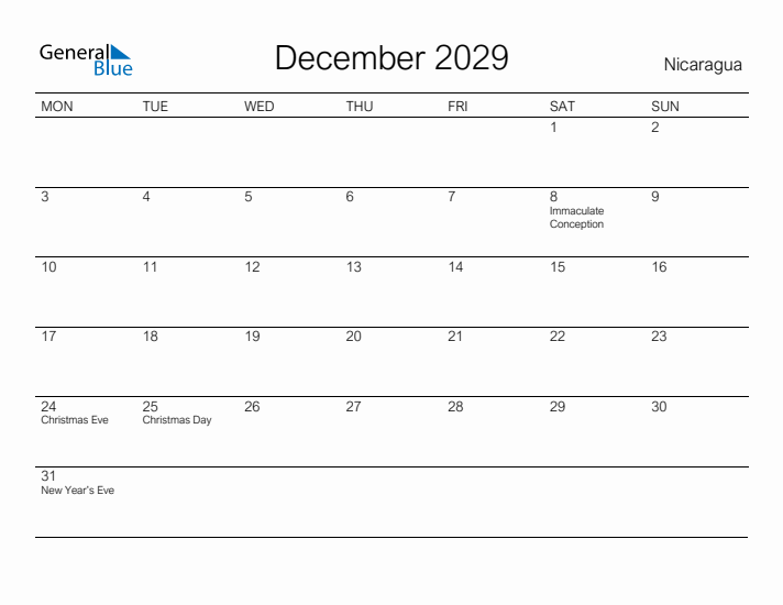 Printable December 2029 Calendar for Nicaragua