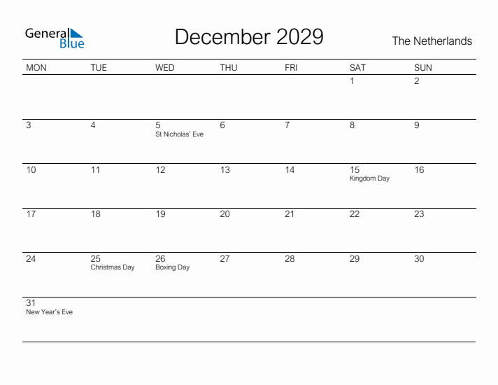 Printable December 2029 Calendar for The Netherlands