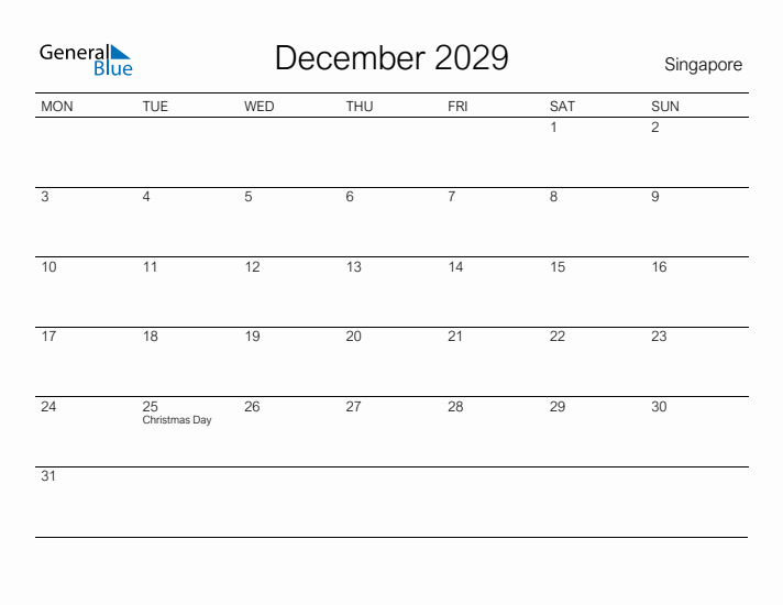 Printable December 2029 Calendar for Singapore