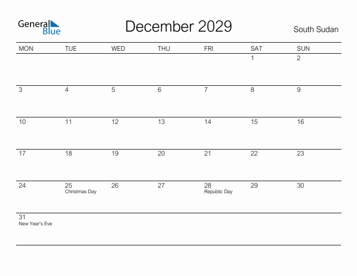 Printable December 2029 Calendar for South Sudan