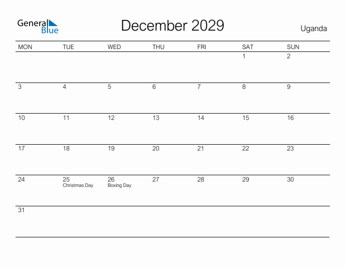 Printable December 2029 Calendar for Uganda