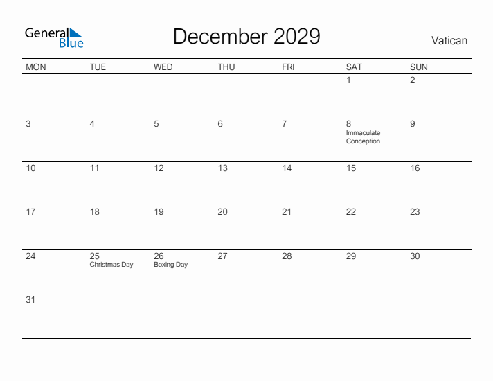 Printable December 2029 Calendar for Vatican