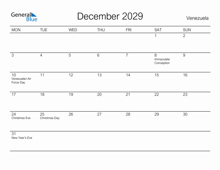 Printable December 2029 Calendar for Venezuela