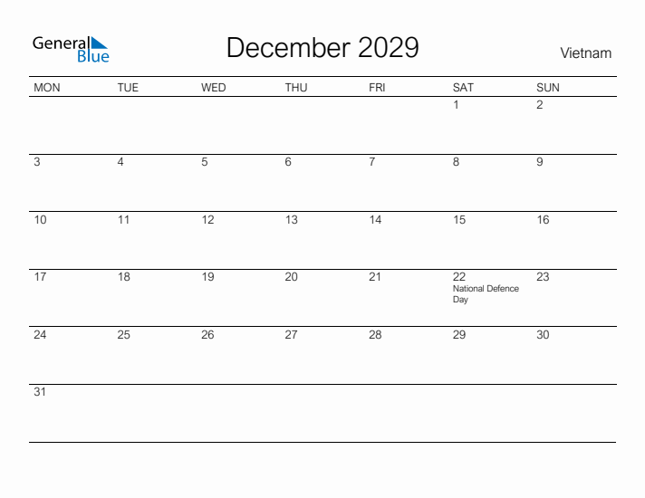 Printable December 2029 Calendar for Vietnam