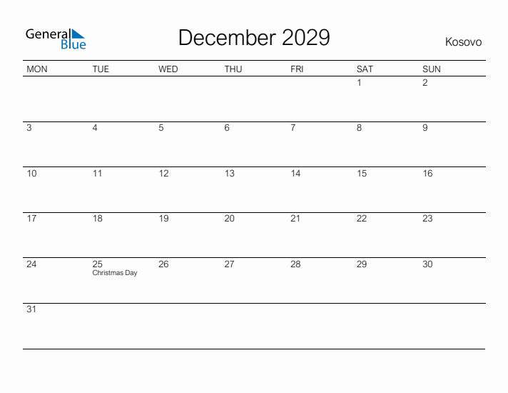 Printable December 2029 Calendar for Kosovo
