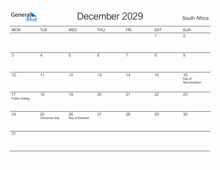 Printable December 2029 Calendar for South Africa
