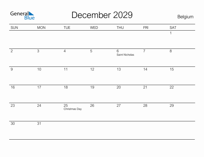 Printable December 2029 Calendar for Belgium