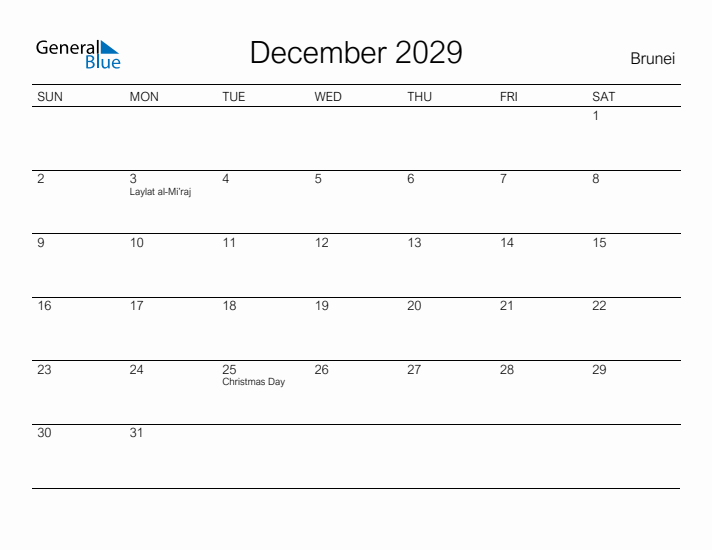 Printable December 2029 Calendar for Brunei