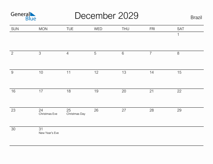 Printable December 2029 Calendar for Brazil