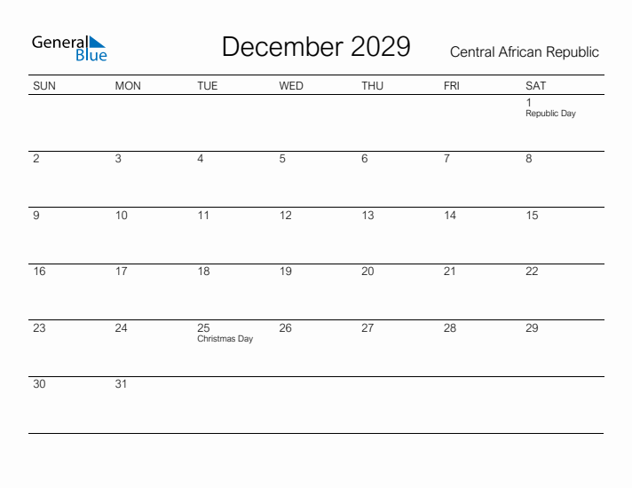 Printable December 2029 Calendar for Central African Republic