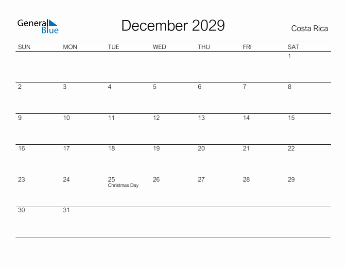 Printable December 2029 Calendar for Costa Rica