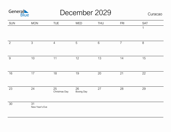 Printable December 2029 Calendar for Curacao