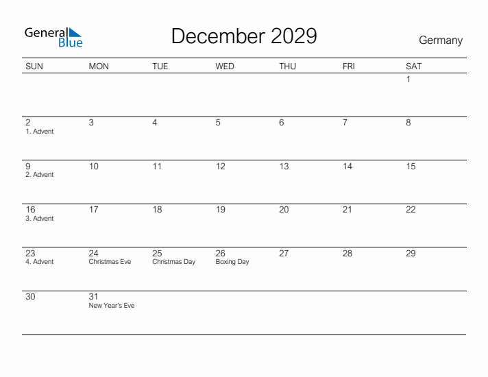 Printable December 2029 Calendar for Germany