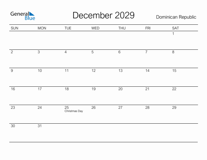 Printable December 2029 Calendar for Dominican Republic