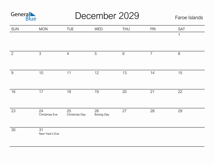 Printable December 2029 Calendar for Faroe Islands