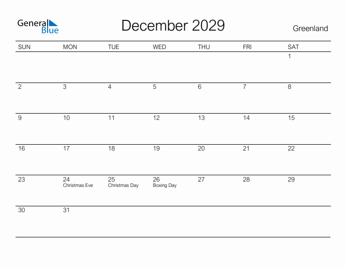 Printable December 2029 Calendar for Greenland