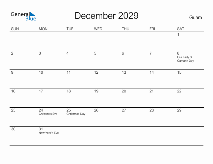 Printable December 2029 Calendar for Guam