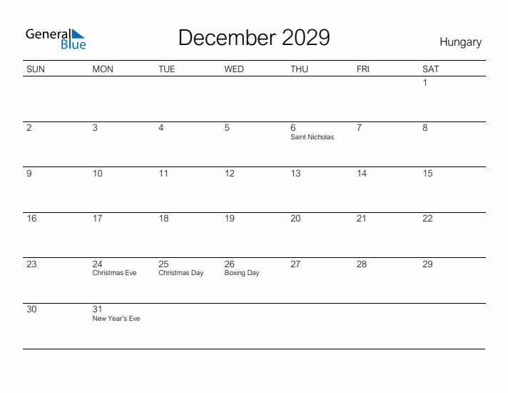 Printable December 2029 Calendar for Hungary