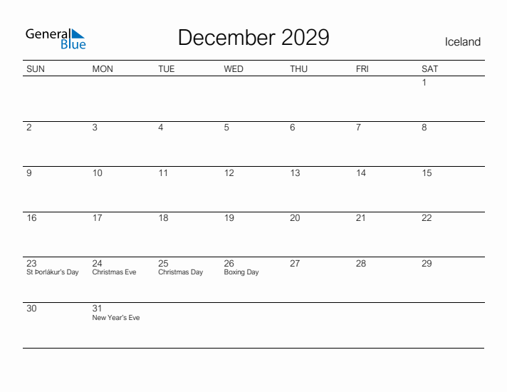 Printable December 2029 Calendar for Iceland