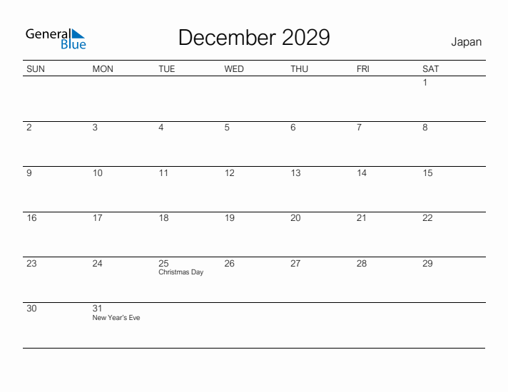 Printable December 2029 Calendar for Japan