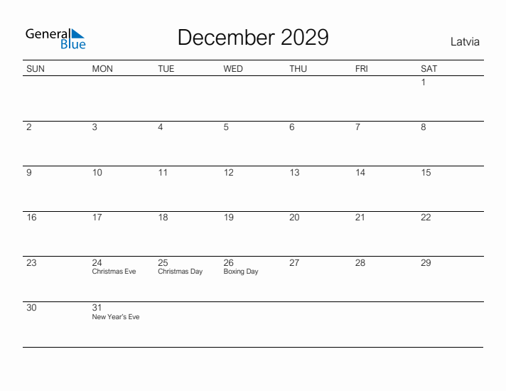 Printable December 2029 Calendar for Latvia
