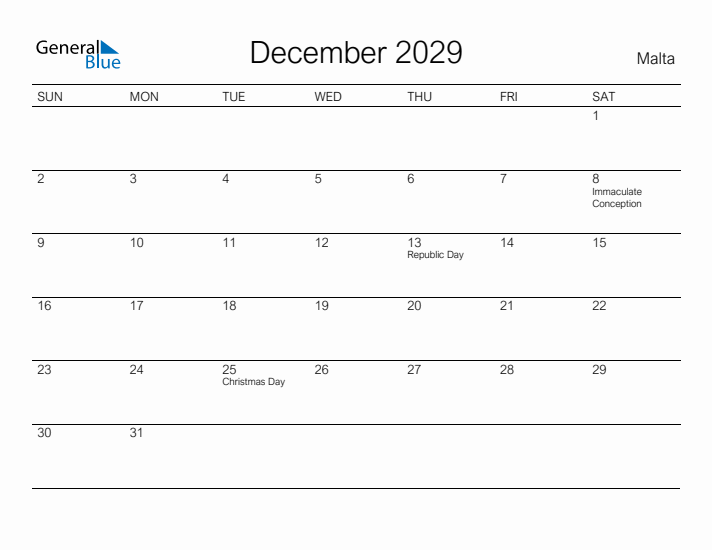 Printable December 2029 Calendar for Malta
