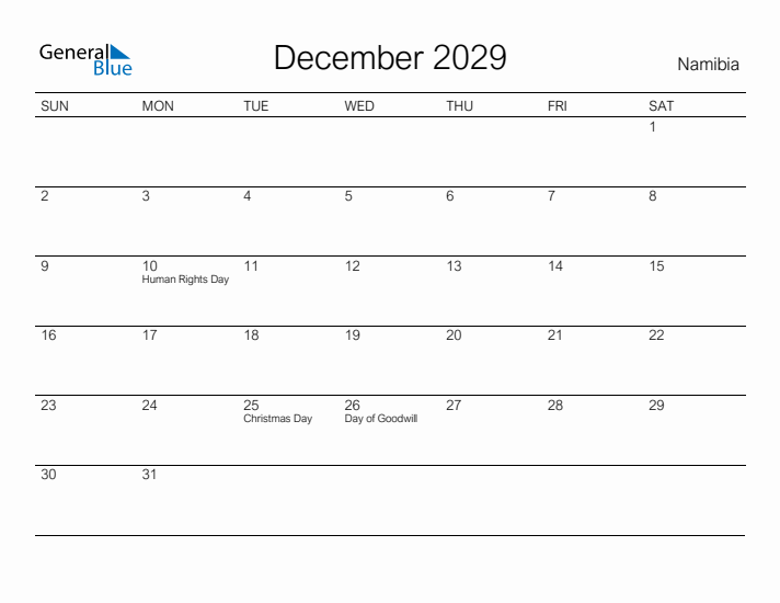 Printable December 2029 Calendar for Namibia