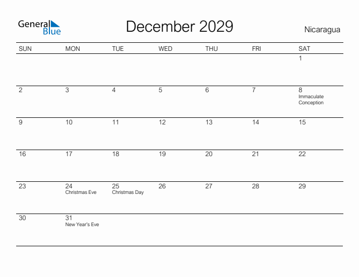 Printable December 2029 Calendar for Nicaragua