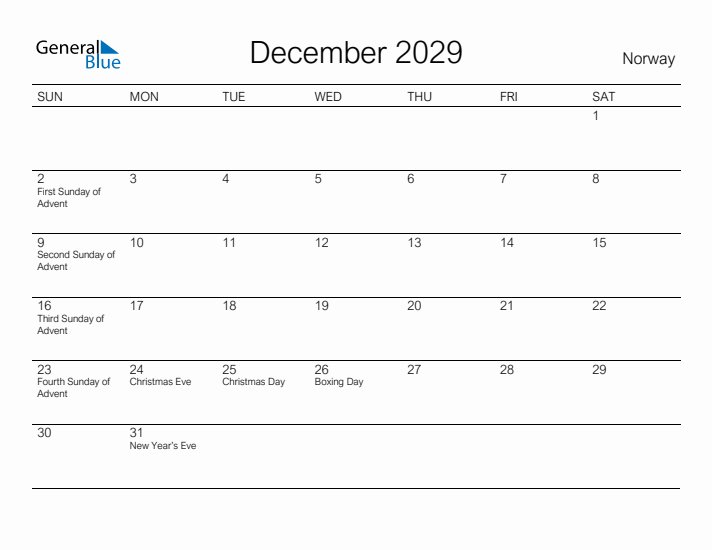Printable December 2029 Calendar for Norway