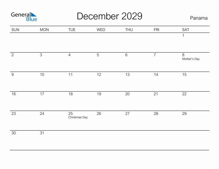 Printable December 2029 Calendar for Panama