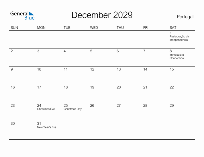 Printable December 2029 Calendar for Portugal