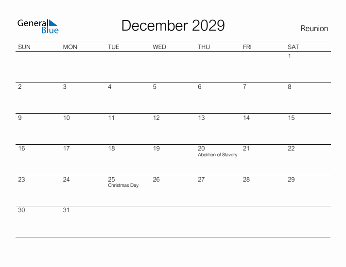 Printable December 2029 Calendar for Reunion