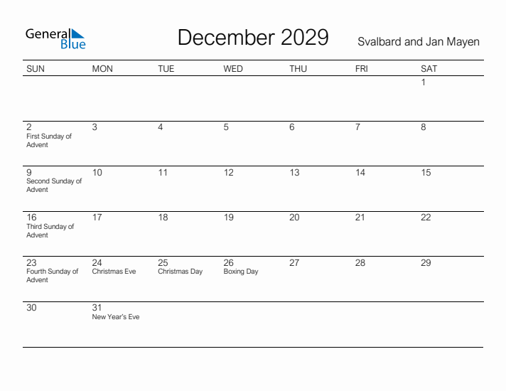 Printable December 2029 Calendar for Svalbard and Jan Mayen