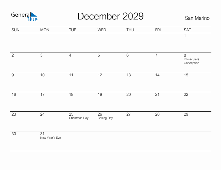 Printable December 2029 Calendar for San Marino