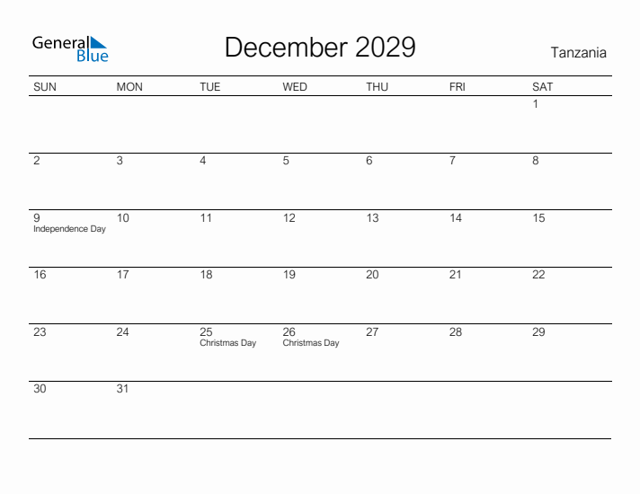 Printable December 2029 Calendar for Tanzania