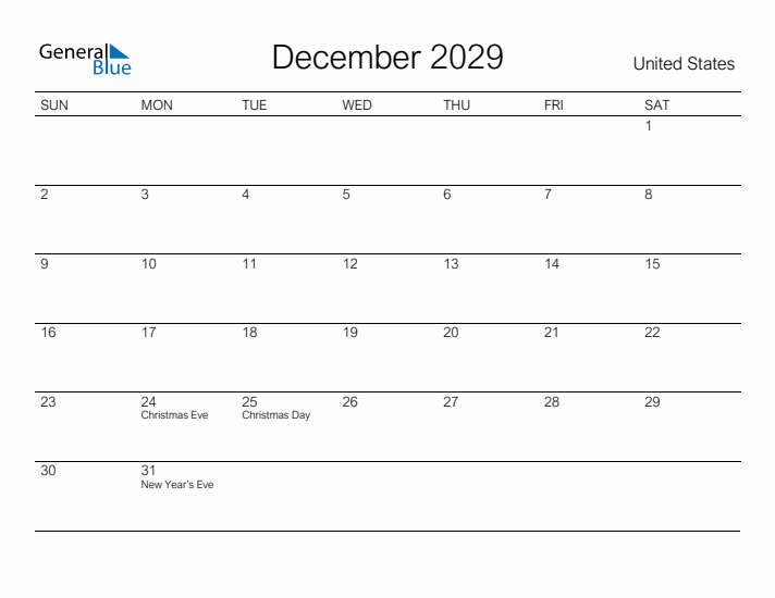 Printable December 2029 Calendar for United States