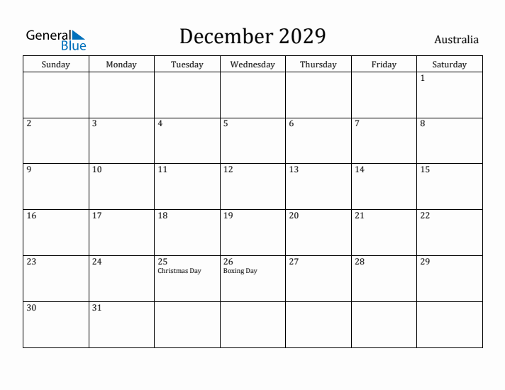 December 2029 Calendar Australia