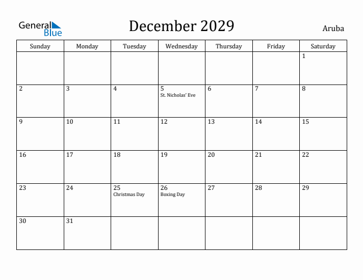 December 2029 Calendar Aruba