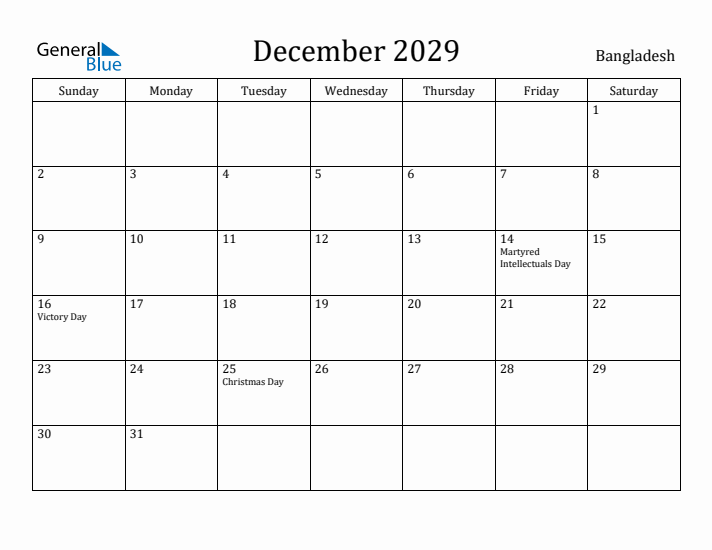 December 2029 Calendar Bangladesh