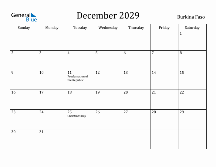December 2029 Calendar Burkina Faso
