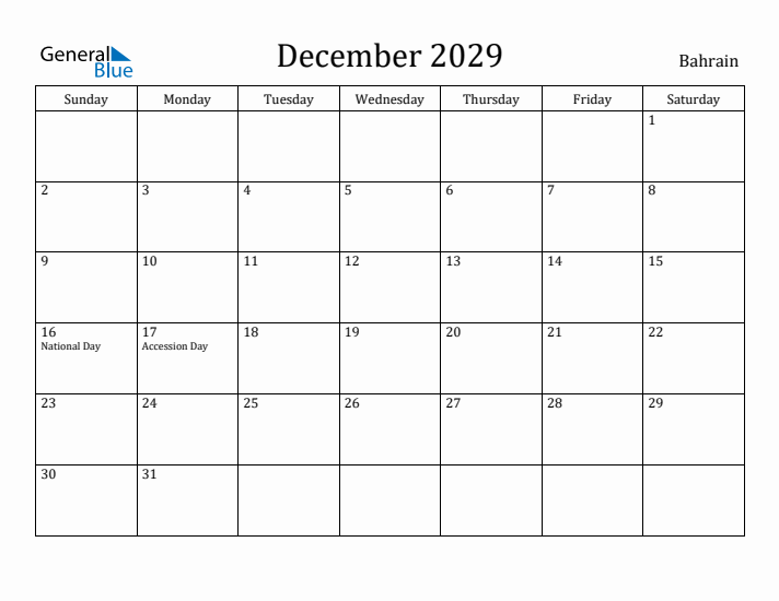 December 2029 Calendar Bahrain