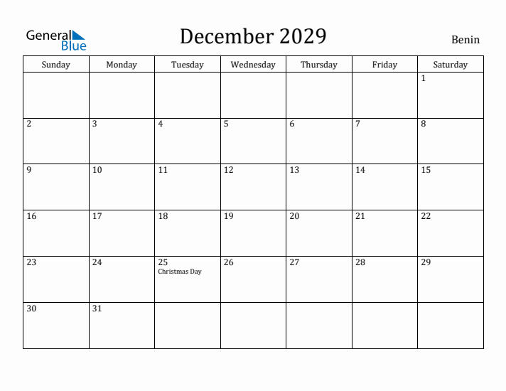 December 2029 Calendar Benin