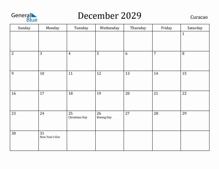 December 2029 Calendar Curacao