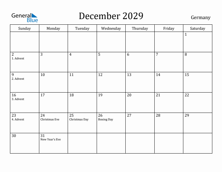 December 2029 Calendar Germany