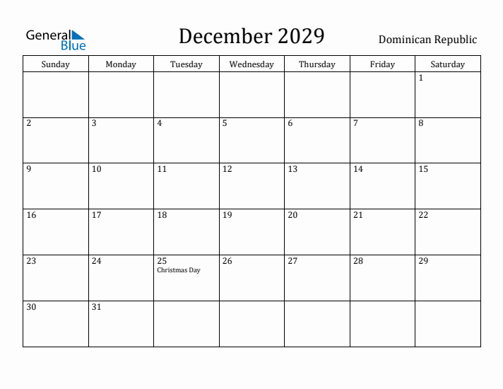 December 2029 Calendar Dominican Republic