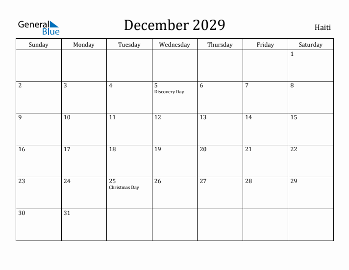 December 2029 Calendar Haiti