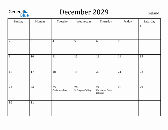 December 2029 Calendar Ireland