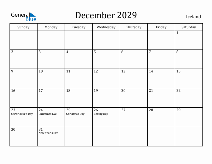 December 2029 Calendar Iceland