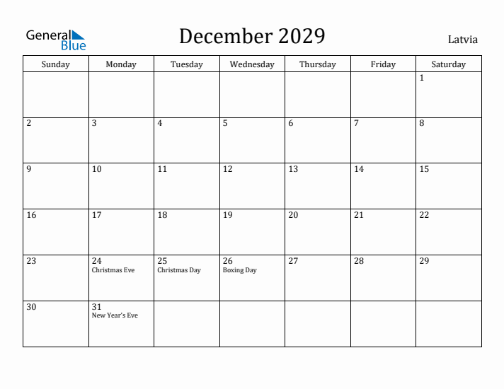 December 2029 Calendar Latvia